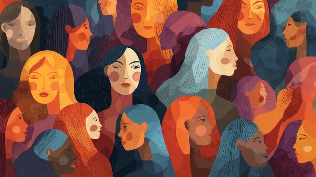 International women&rsquo;s day poster featuring a vibrant crowd of diverse women with different appearances and backgrounds, colorful rainbow tones, front-facing portraits, inclusive community, unity, equa