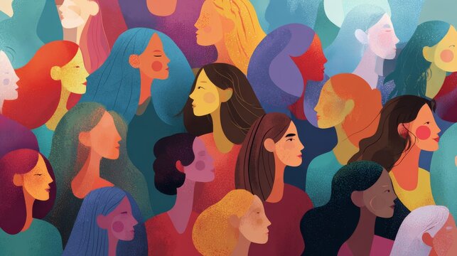 International women&rsquo;s day poster featuring a vibrant crowd of diverse women with different appearances and backgrounds, colorful rainbow tones, front-facing portraits, inclusive community, unity, equa