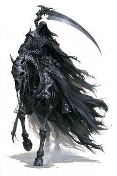 Grim Reaper Armored Death Rider Mounted on Skeletal Warhorse With Giant Scythe for Halloween Fantasy Role Play