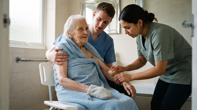 Two caregivers work together to provide gentle bathing and personal hygiene assistance to a frail elderly person, emphasizing dignity, safety, compassion and teamwork.