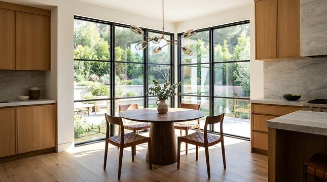Bright modern dining room featuring a wooden table, chairs, and large windows overlooking a beautiful green garden, creating an open and airy interior