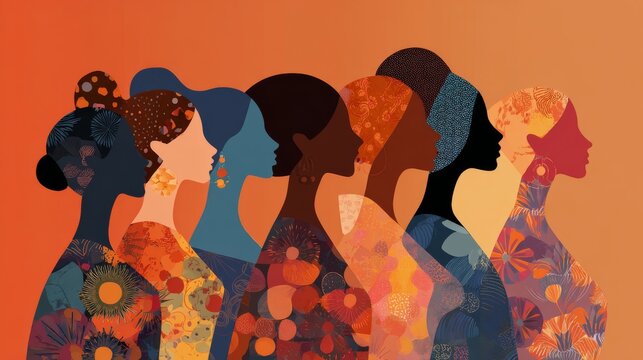 International women&rsquo;s day poster featuring a vibrant crowd of diverse women with different appearances and backgrounds, colorful rainbow tones, front-facing portraits, inclusive community, unity, equa