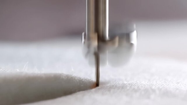 Sewing machine needle stitching white fabric in a macro close-up beneath a metal presser foot. Textile manufacturing promotion, garment production presentations.