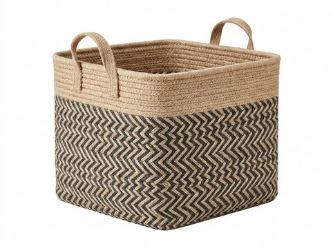 Two tone chevron pattern woven storage basket with carry handles.