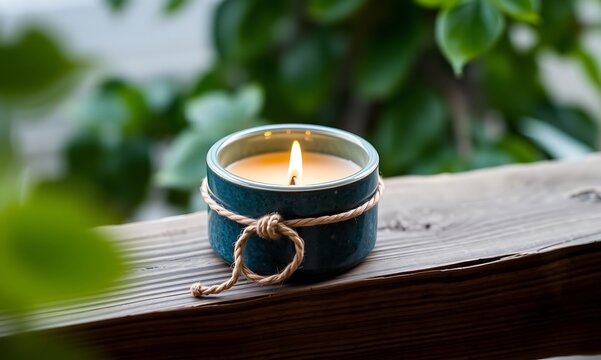 Lit Teal Candle in a Ceramic Jar with Twine Decoration on Wood burning flame