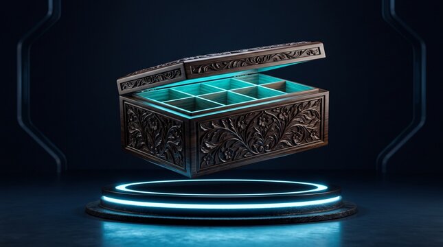 Floating ebony tea chest with carved botanical details, electric cyan interior glow and ice blue base illumination in a futuristic luxury setting.
