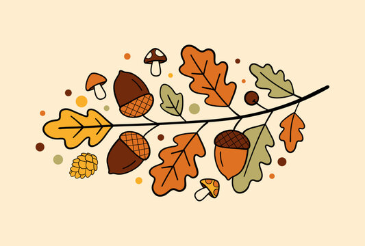Autumn Oak Leaves and Acorns in Hand Drawn Doodle Style with Mushrooms, Pine Cone and Branch, Cozy Fall Seasonal Botanical Illustration
