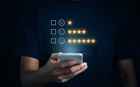 Customer satisfaction review and rating feedback with glowing stars on smartphone screen held in hand
