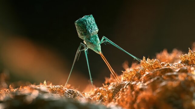 A bacteriophage virus latches onto a bacterial surface and injects genetic material in a dark microscopic setting with contrasting colors.