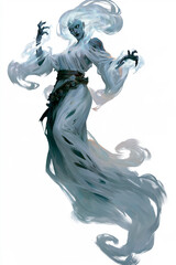 Fototapeta premium Ghost Female Spectral Sorceress With Flowing White Hair and Ethereal Gown for Halloween Fantasy Role Play Character