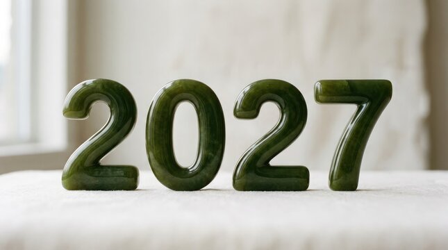 Dark green three dimensional numbers clearly show the year two thousand twenty seven with a soft focus background