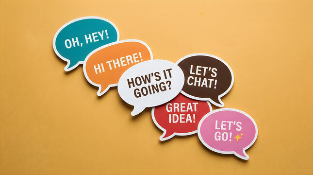 Colorful speech bubbles with friendly conversational phrases like oh, hey, hi there, and lets chat arranged diagonally on a warm yellow background