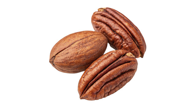 Two whole raw organic pecan nuts isolated on transparent background
