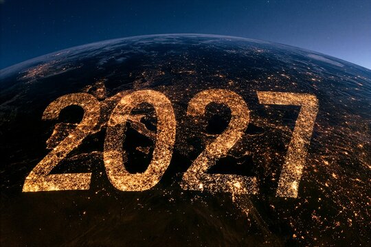 Number 2027 glowing in golden city lights across the earth viewed from space