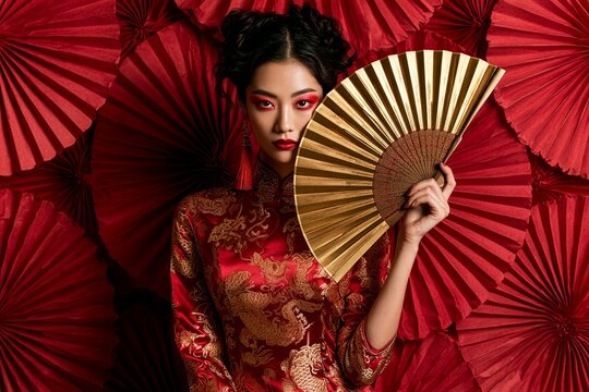 Close up of a woman holding an open golden fan against a red paper fan background