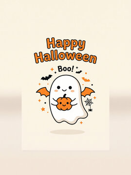 Happy halloween card with ghost holding pumpkin