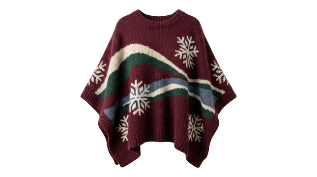 Burgundy knitted poncho sweater with colorful stripe pattern isolated on transparent background