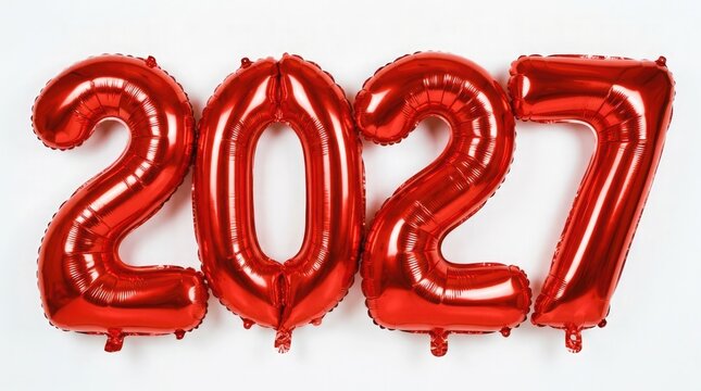 Shiny red foil balloons displaying the year two thousand twenty seven on a white background