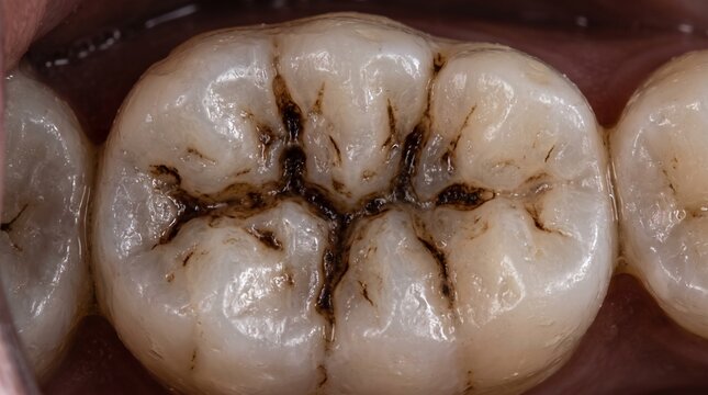 Macro view of tooth decay and cavities in human molar fissures