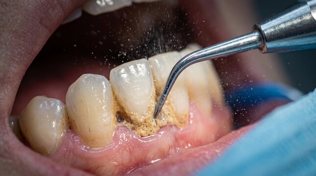 Dentist removing tartar from human teeth with an ultrasonic scaler