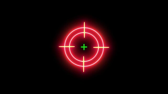 Glowing neon light target icon animation. Military training, Military target icon animation on black background. Cross hair, gun aim, sniper target.
