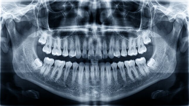 Full panoramic dental x-ray of human teeth and jaw structure