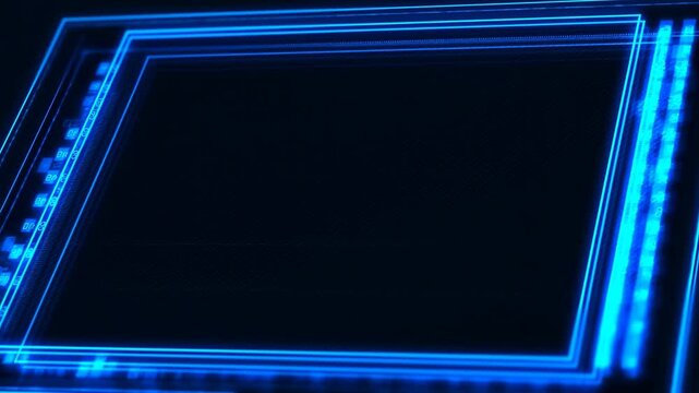 Glowing blue rectangular frame shifts in an abstract digital space. Technology presentation, digital title card, and futuristic intro.