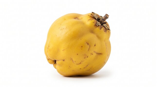Single ripe quince fruit with stem and blossom end isolated on a white background