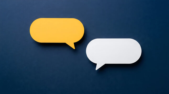 Two colorful speech bubbles on a blue background, representing communication, dialogue, and messaging blank space for text