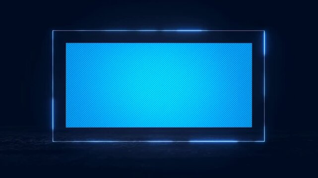 Luminous blue digital display frame with animated edge light in a dark abstract space. Technology presentations, digital title cards, and broadcast graphics.