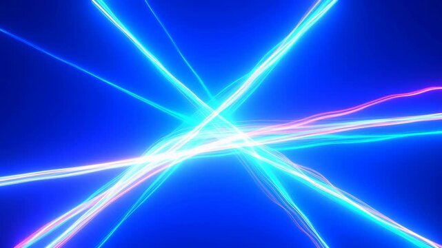 Neon light trails cross an abstract blue digital space with glowing colorful lines. Technology presentations, digital title sequences, and music graphics.