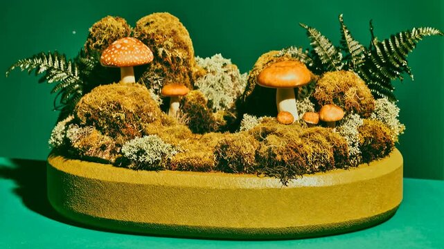 Enchanting miniature forest scene with mushrooms and ferns. A close-up view of a detailed diorama featuring vibrant mushrooms nestled amongst moss and delicate ferns