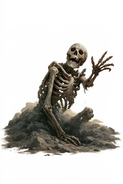 Skeleton Undead Creature Rising From Grave Soil With Reaching Hand for Halloween Horror Fantasy Role Play