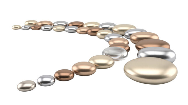 Polished metallic pebbles in gold and silver, smooth chrome stones arranged in a curved path, luxury zen spa concept on white background