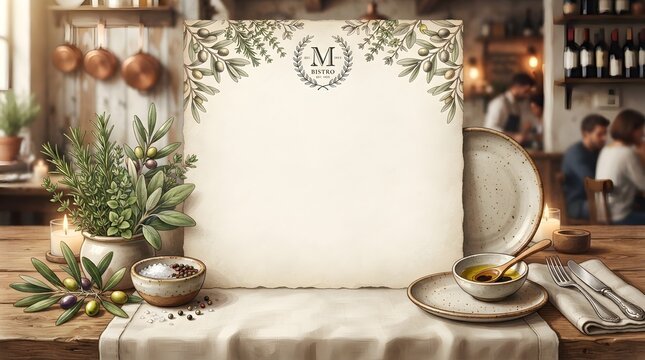 Inviting Rustic Table Setting with Blank Menu Card, Olive Branches, and Culinary Delights for a Mediterranean Experience