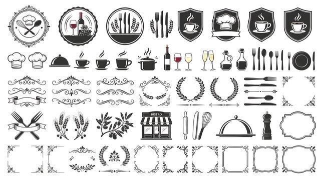 Vintage Restaurant Branding Kit with Food Icons and Decorative Frames