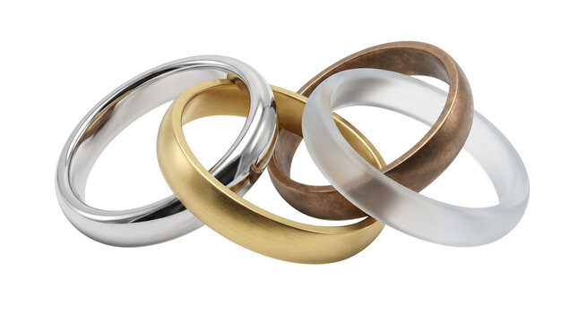 Interlocking wedding bands in gold silver and bronze, set of four metallic rings on white background, elegant jewelry for marriage and commitment