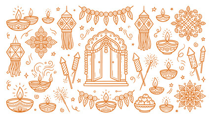 Diwali line art icons set, traditional Indian festival of lights elements, orange doodle illustrations of diya lamps and lanterns on white background © satish
