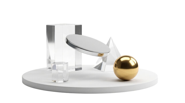 Minimalist geometric podium with glass and gold shapes, abstract 3d display pedestal for product presentation, luxury glass and metallic spheres on white background