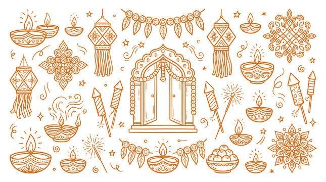 Diwali line art icons set, traditional Indian festival of lights elements, orange doodle illustrations of diya lamps and lanterns on white background