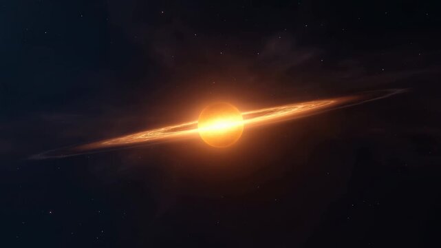 Glowing spherical planet with a bright orbital ring rotates against a dark starfield. Science education, astronomy documentary, and space exploration media.