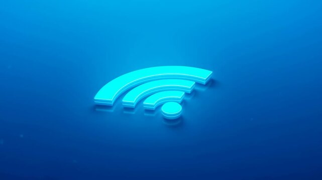 Three-dimensional wireless signal icon enlarges against a blue gradient field. Technology presentations, internet service promotion, and telecommunications advertising.