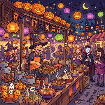 Halloween Night Market Street Food Discount Banner Cartoon Style