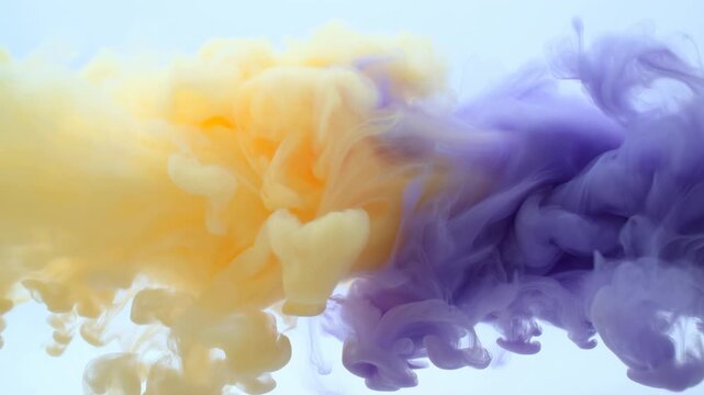 Yellow and purple ink clouds billow and blend through a pale liquid field. Advertising design, motion graphics, and social media.