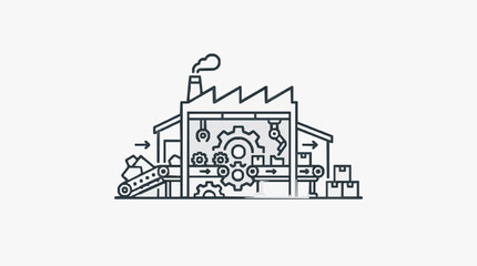 Fototapeta premium Industrial factory machinery line art with conveyor belts and gears