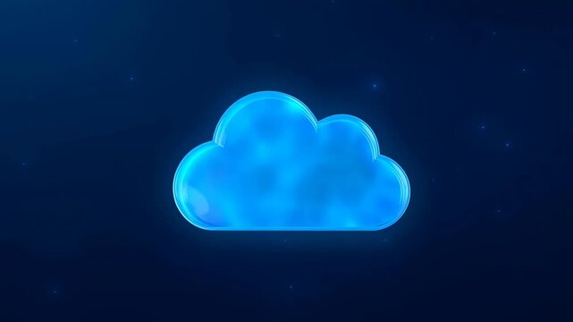 Glowing cloud computing icon pulses in a dark digital space with blue particles. Technology presentations, cloud service advertising, and software marketing.