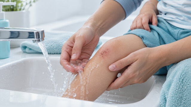 Mother washing scraped knee of toddler with clean running water from sink faucet in bathroom