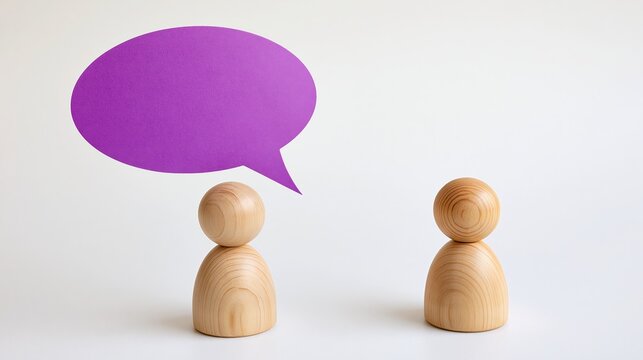 Two wooden figures face each other with one speaking through a purple bubble.