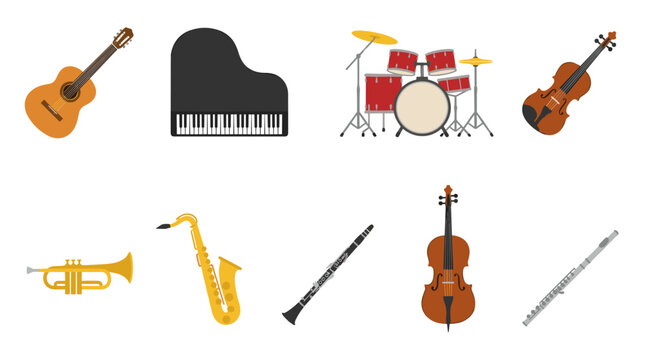 Icon set of musical instruments including guitar, piano, drums, violin, trumpet, saxophone, clarinet, cello, and flute, flat design