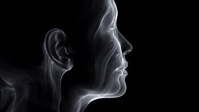Luminous human profile formed by flowing smoke-like contours in black abstract space. Technology presentations, psychology education, and mindfulness media.